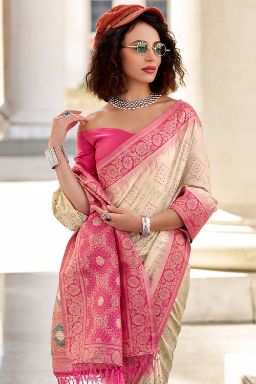 Zara Cream Banarasi Soft Silk Waving With Ikkat Bandhani Saree