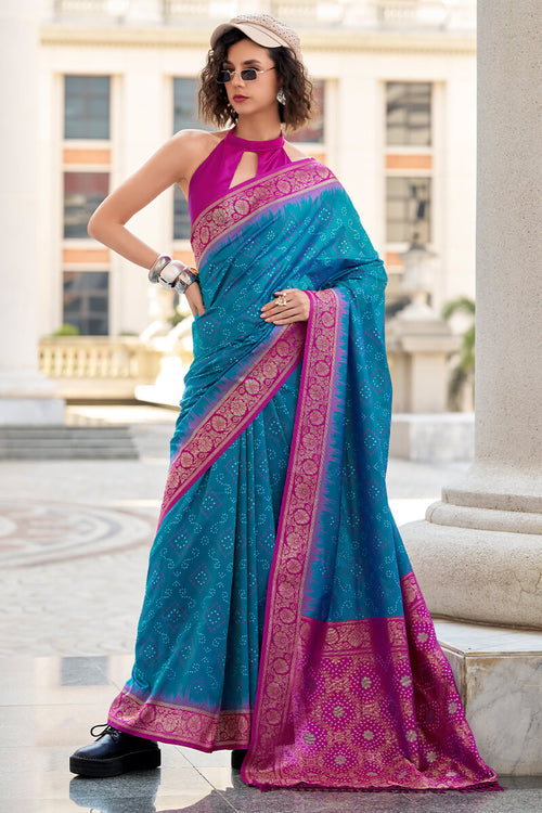 Zara Sky Blue Banarasi Soft Silk Waving With Ikkat Bandhani Saree