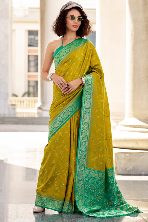 Zara Mehndi Banarasi Soft Silk Waving With Ikkat Bandhani Saree
