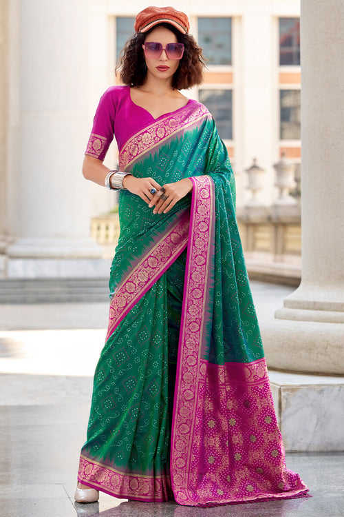 Zara Dark Green Banarasi Soft Silk Waving With Ikkat Bandhani Saree