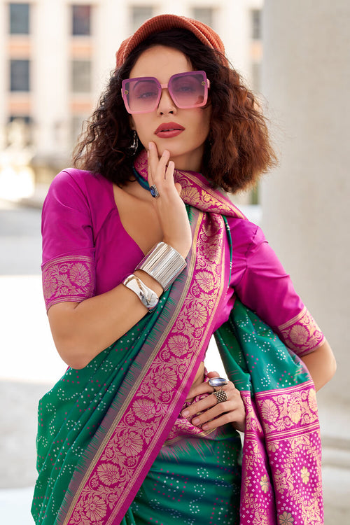 Zara Dark Green Banarasi Soft Silk Waving With Ikkat Bandhani Saree
