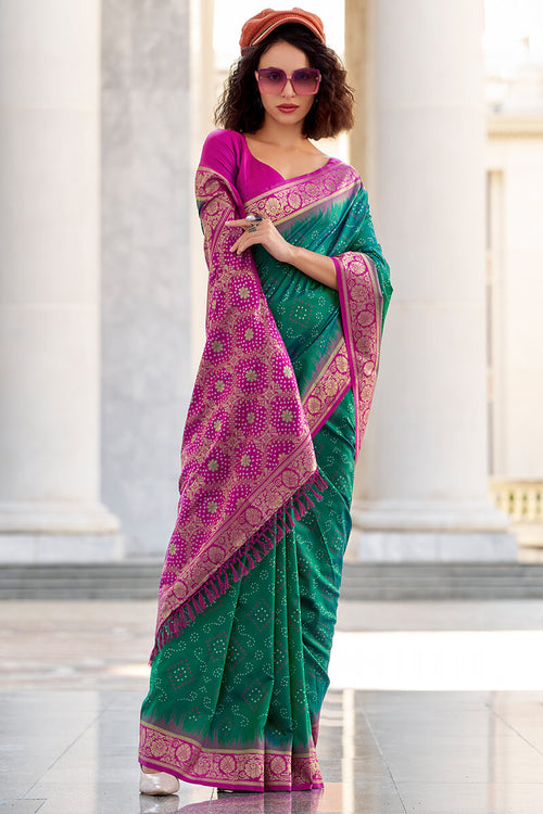Zara Dark Green Banarasi Soft Silk Waving With Ikkat Bandhani Saree