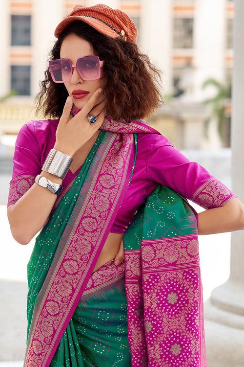 Zara Dark Green Banarasi Soft Silk Waving With Ikkat Bandhani Saree