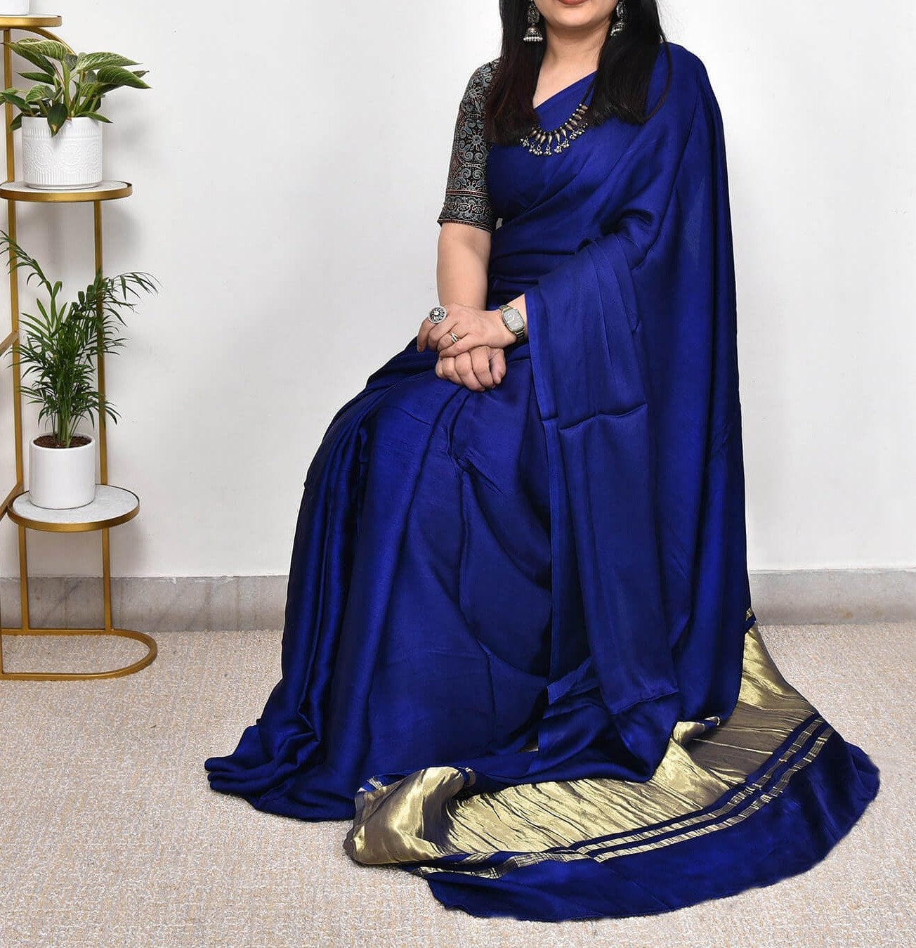Royal Blue Plain Pure Modal Gajji Silk Saree With Zari Pallu Natural dyeing Saree