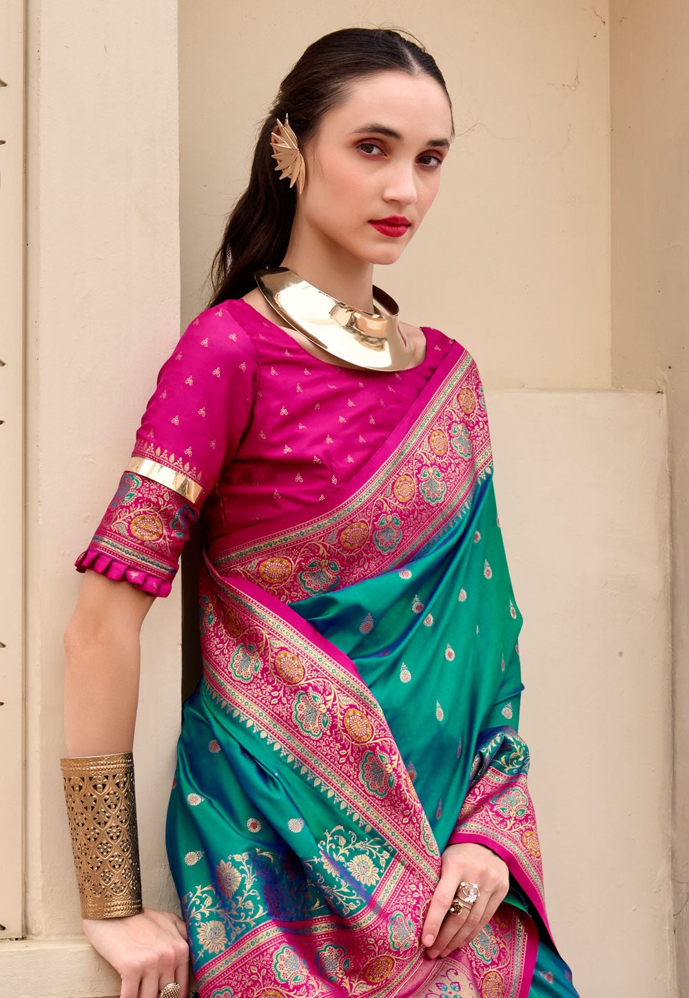 Soudarya Sea GreenPure Soft Banarasi Silk Waving Saree