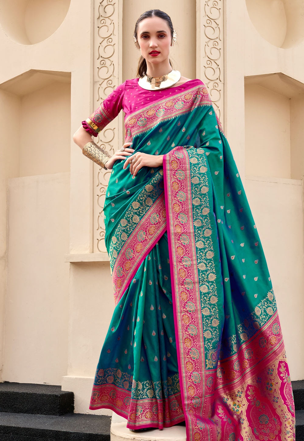 Soudarya Sea GreenPure Soft Banarasi Silk Waving Saree