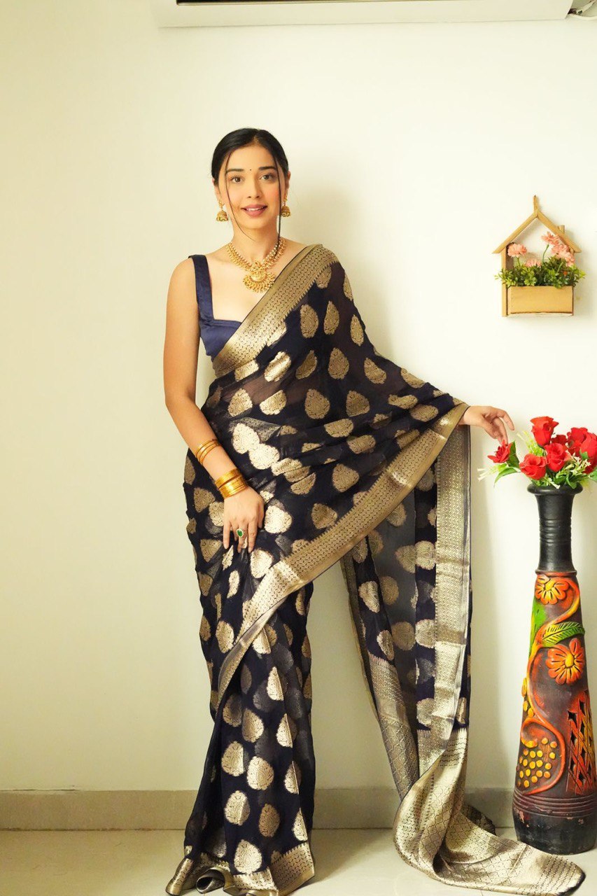 Enchanting One Minute Ready To Wear Black Cotton Silk Saree