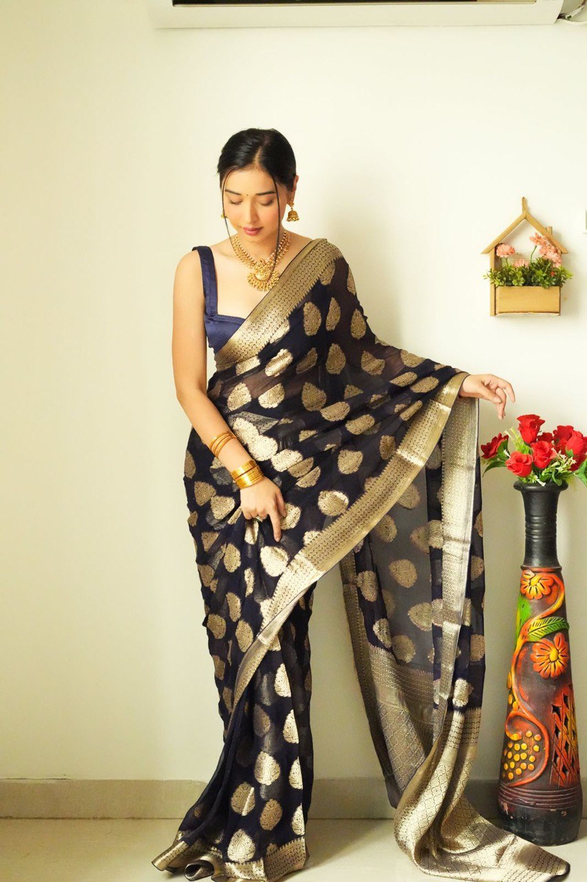 Enchanting One Minute Ready To Wear Black Cotton Silk Saree