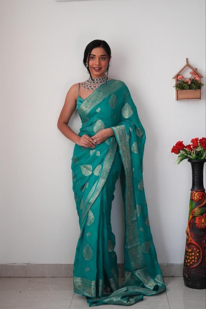 Lush One Minute Ready To Wear Sea Green Cotton Silk Saree