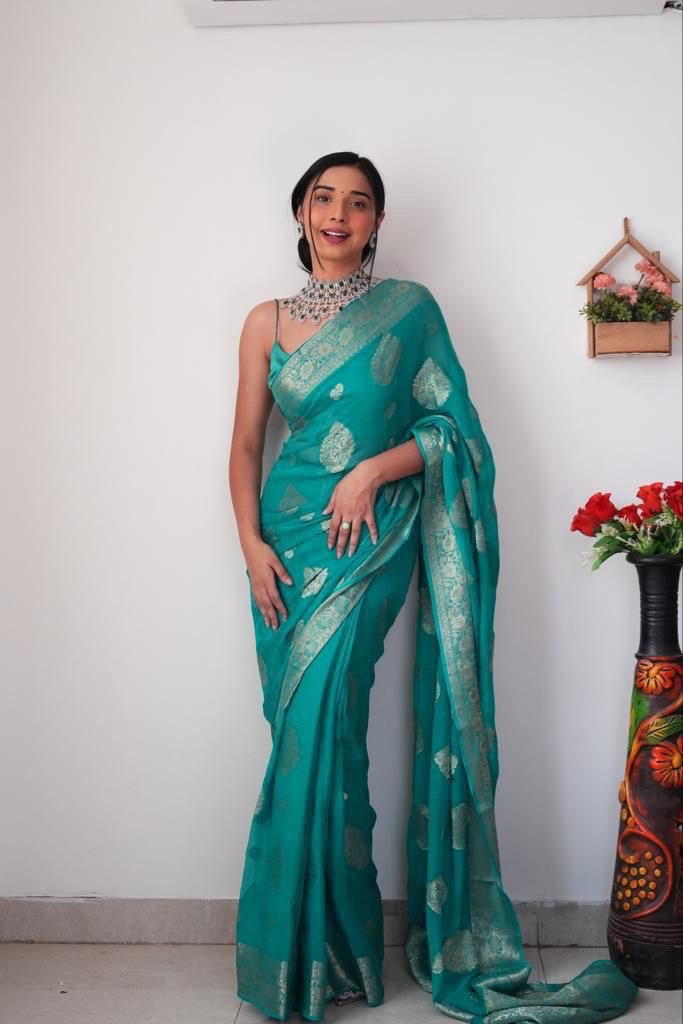 Lush One Minute Ready To Wear Sea Green Cotton Silk Saree