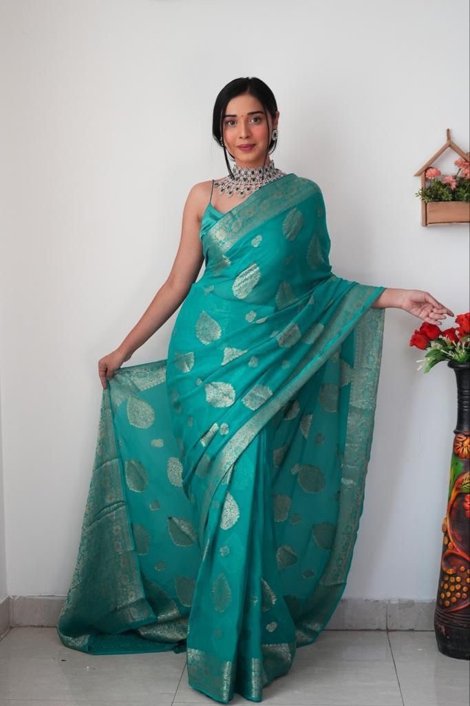 Lush One Minute Ready To Wear Sea Green Cotton Silk Saree