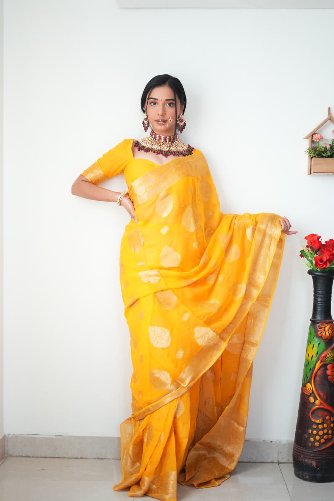 Delightful One Minute Ready To Wear Yellow Cotton Silk Saree