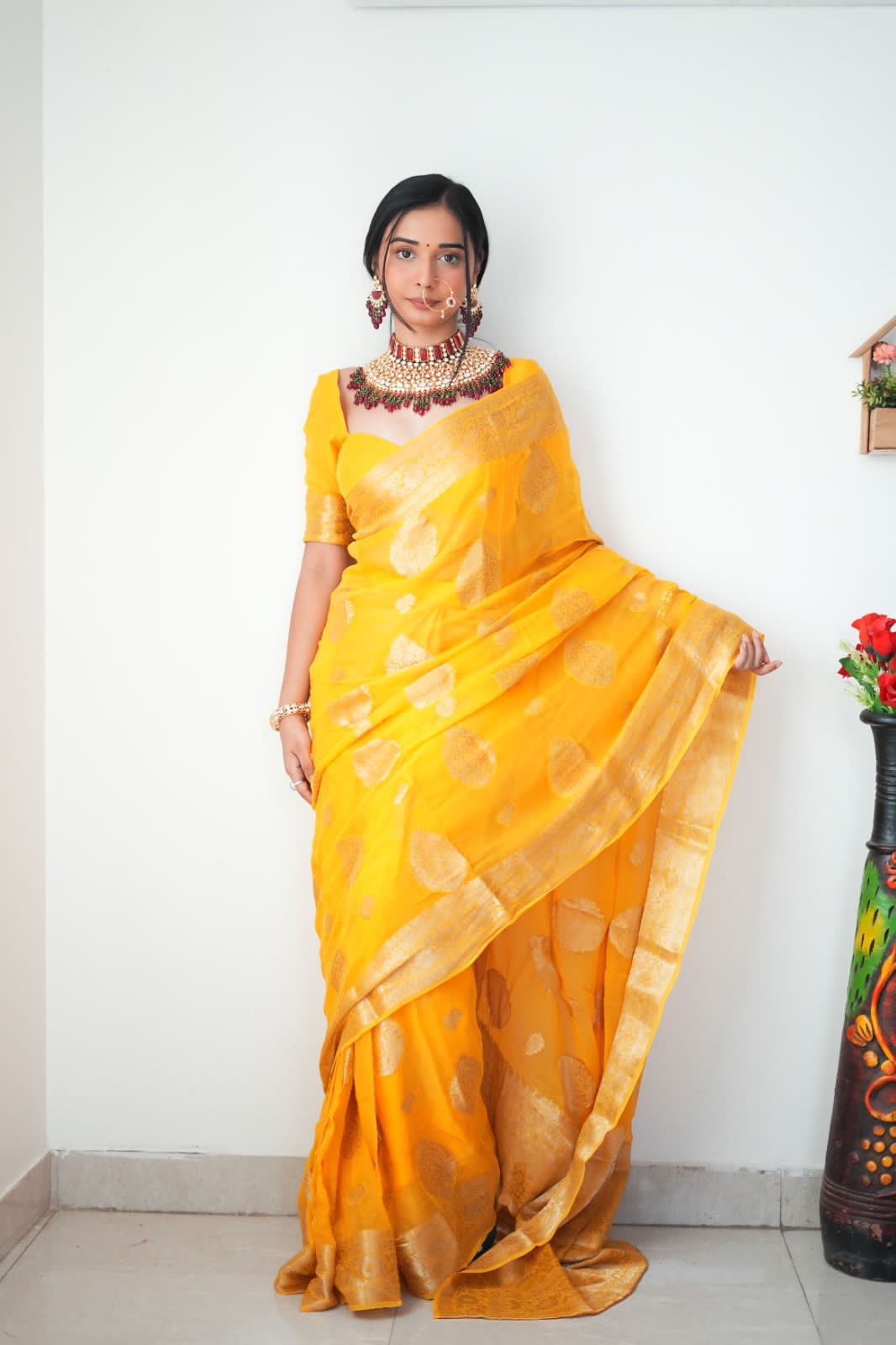 Delightful One Minute Ready To Wear Yellow Cotton Silk Saree