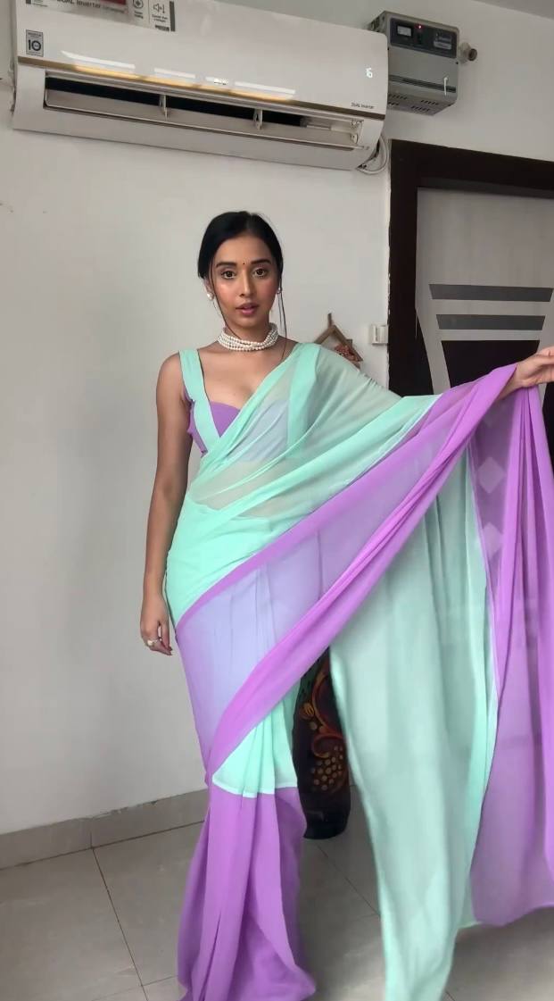 Classy One Minute Ready To Wear Firozi And Purple Georgette Saree