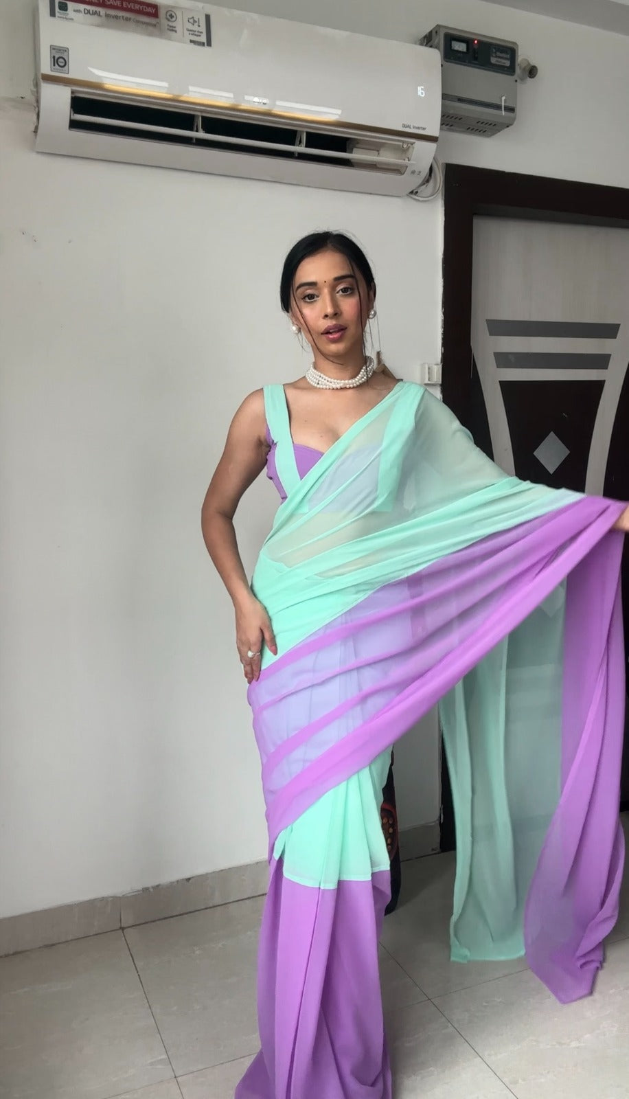 Classy One Minute Ready To Wear Firozi And Purple Georgette Saree