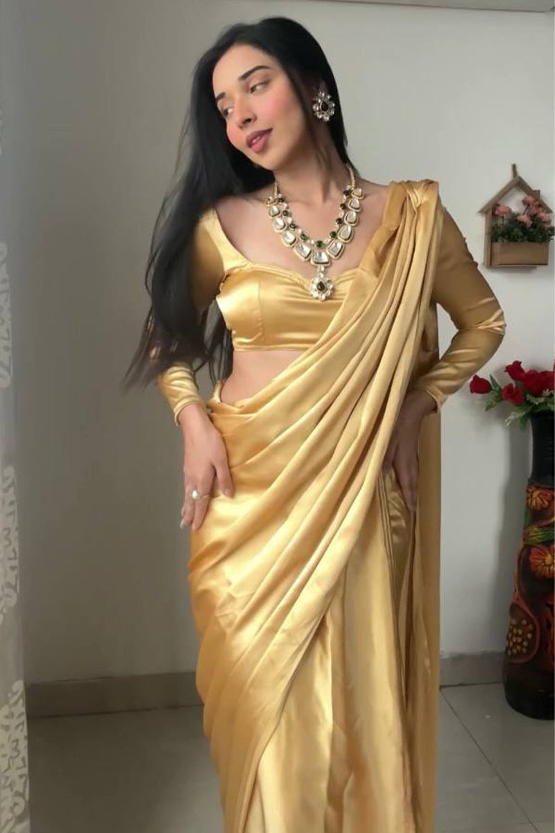 Pearlite One Minute Ready To Wear Beige Satin Silk Saree