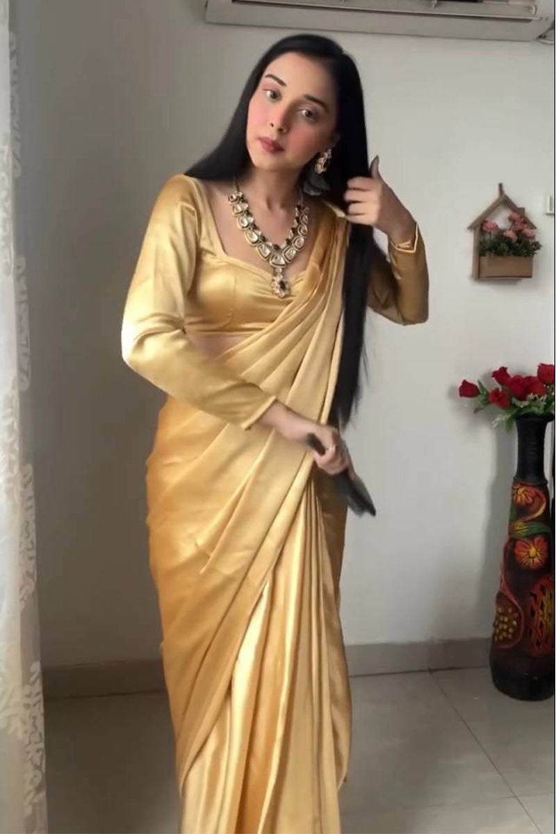 Pearlite One Minute Ready To Wear Beige Satin Silk Saree