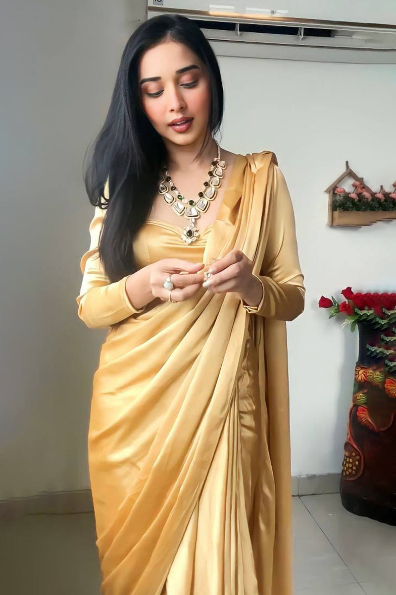 Pearlite One Minute Ready To Wear Beige Satin Silk Saree