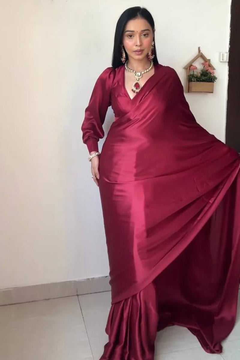 Glowish One Minute Ready To Wear Dark Pink Satin Silk Saree