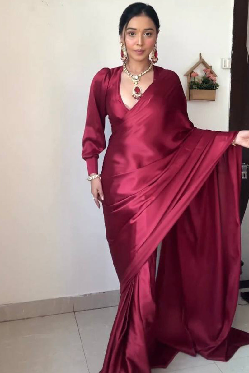 Glowish One Minute Ready To Wear Dark Pink Satin Silk Saree