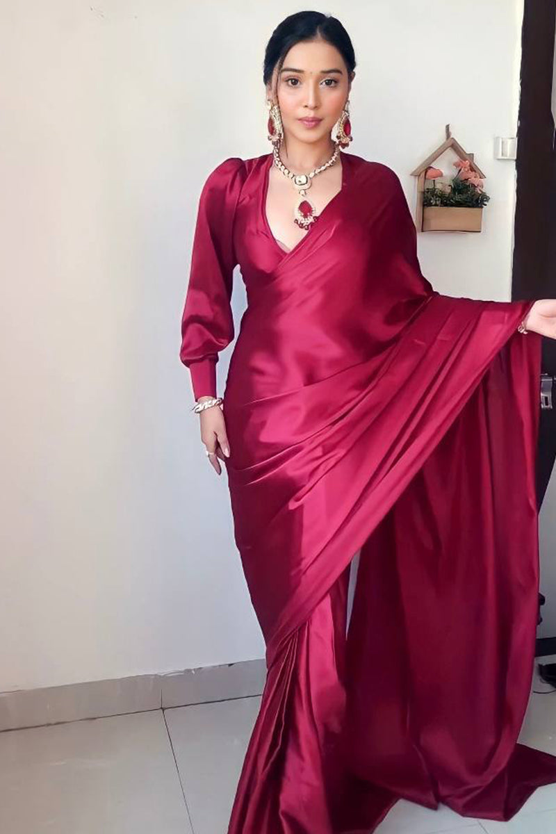 Glowish One Minute Ready To Wear Dark Pink Satin Silk Saree