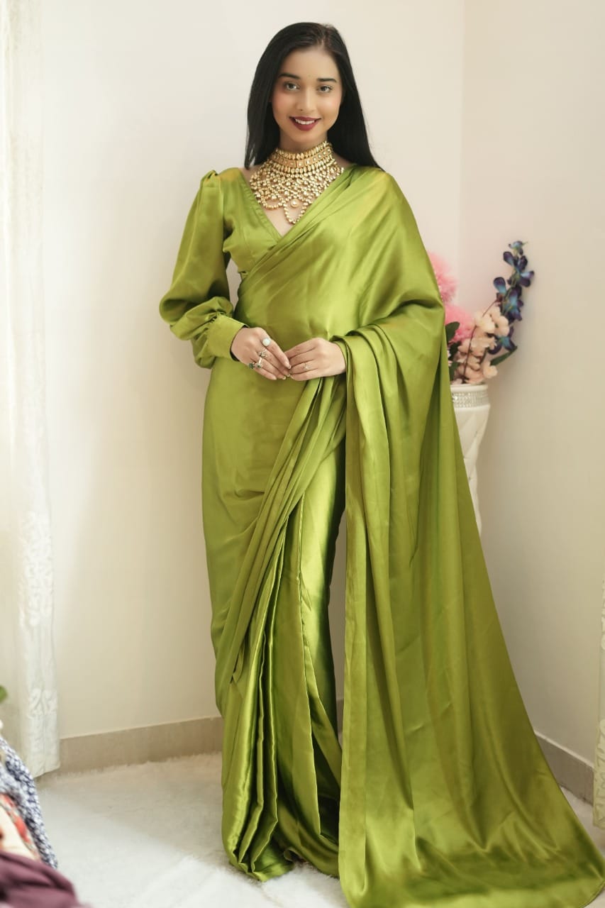 Angelite One Minute Ready To Wear Green Satin Silk Saree