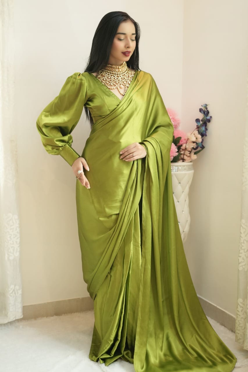 Angelite One Minute Ready To Wear Green Satin Silk Saree