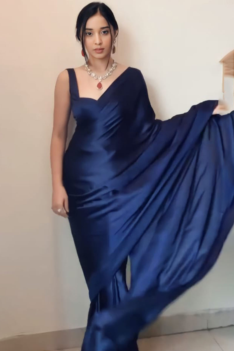 Lightful One Minute Ready To Wear Navy Blue Satin Silk Saree