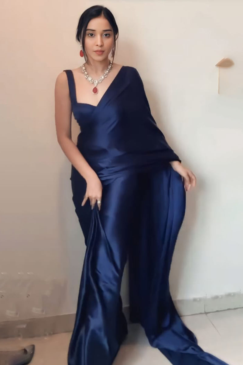 Lightful One Minute Ready To Wear Navy Blue Satin Silk Saree