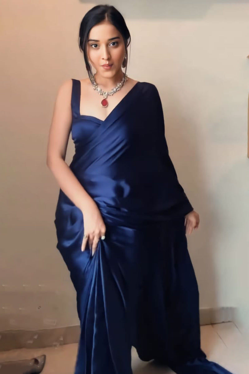 Lightful One Minute Ready To Wear Navy Blue Satin Silk Saree