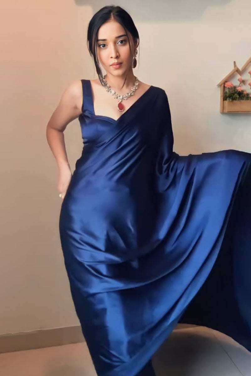 Lightful One Minute Ready To Wear Navy Blue Satin Silk Saree