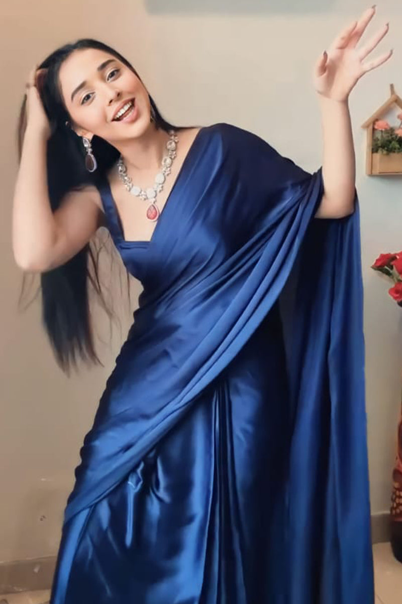 Lightful One Minute Ready To Wear Navy Blue Satin Silk Saree