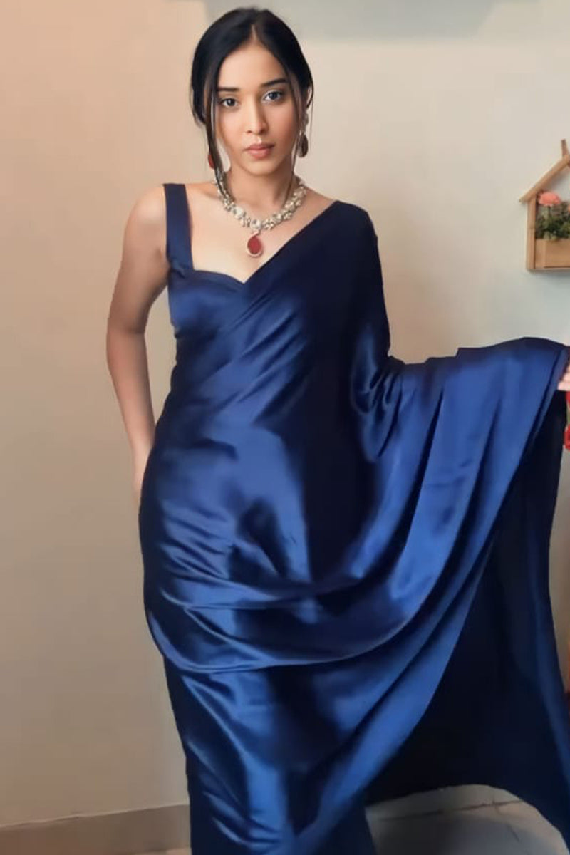 Lightful One Minute Ready To Wear Navy Blue Satin Silk Saree