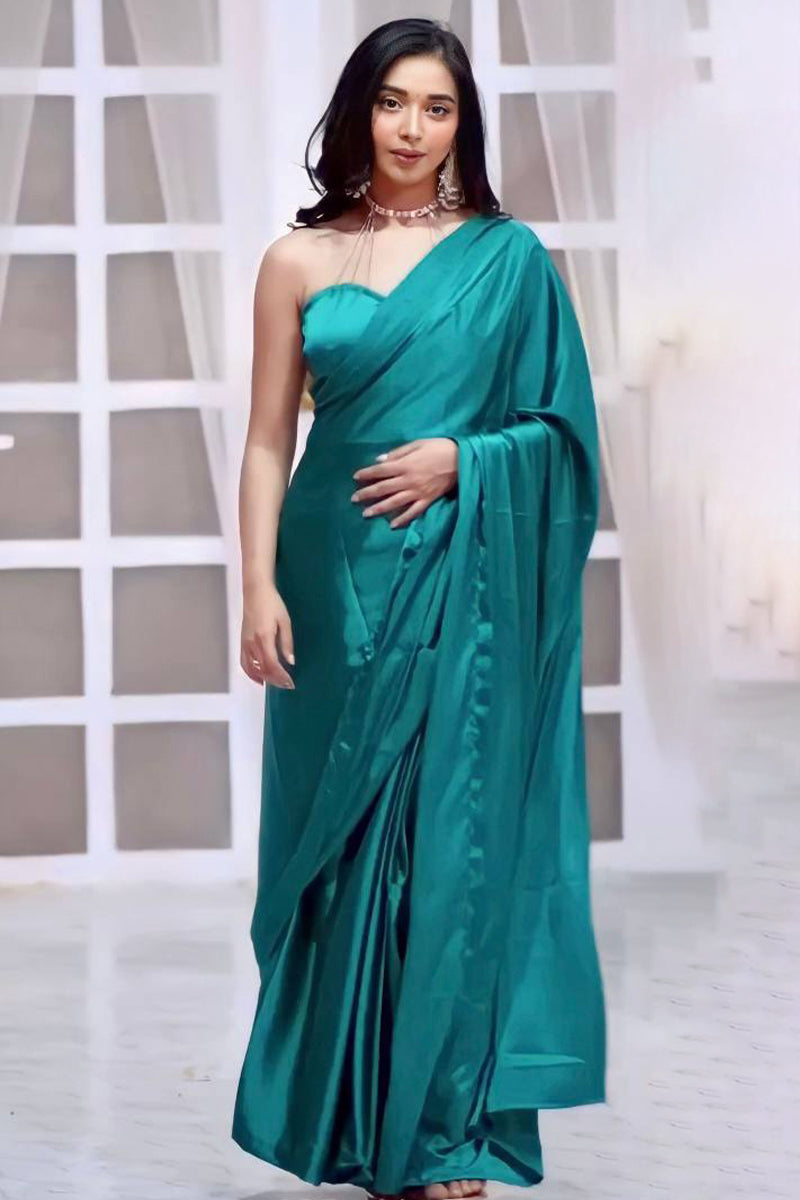 Petaline One Minute Ready To Wear Peacock Green Satin Silk Saree