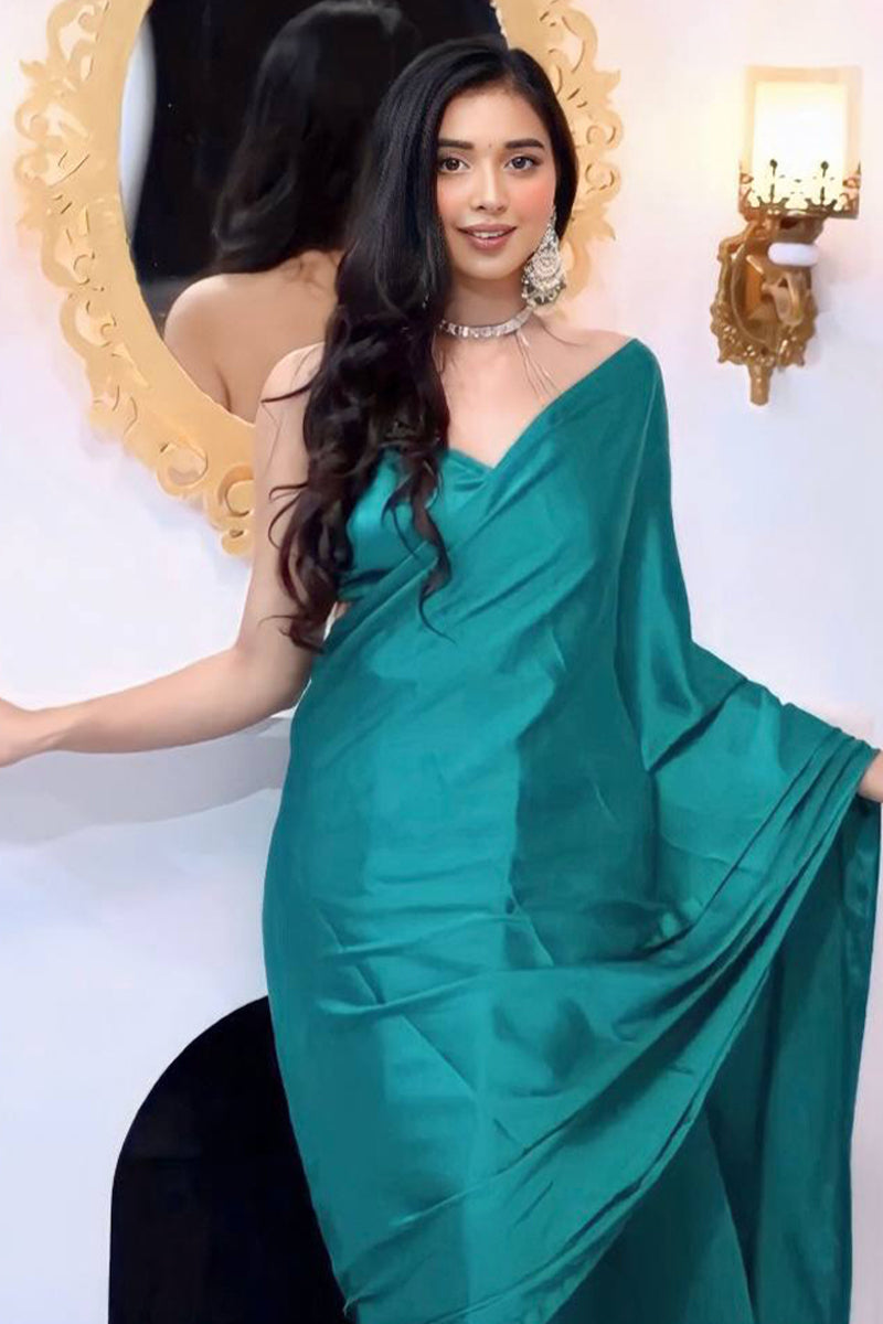 Petaline One Minute Ready To Wear Peacock Green Satin Silk Saree