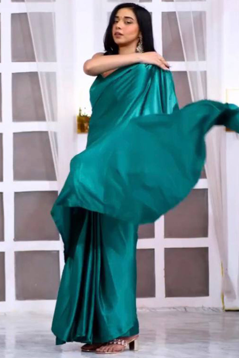 Petaline One Minute Ready To Wear Peacock Green Satin Silk Saree