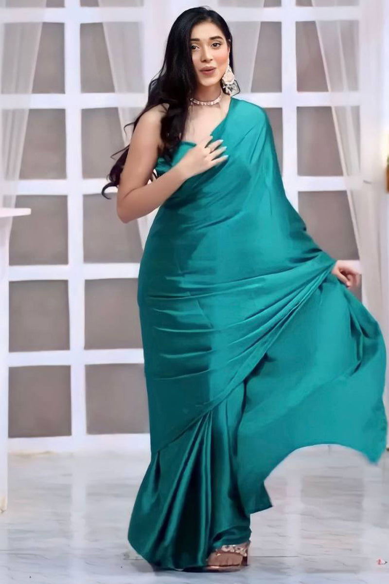 Petaline One Minute Ready To Wear Peacock Green Satin Silk Saree