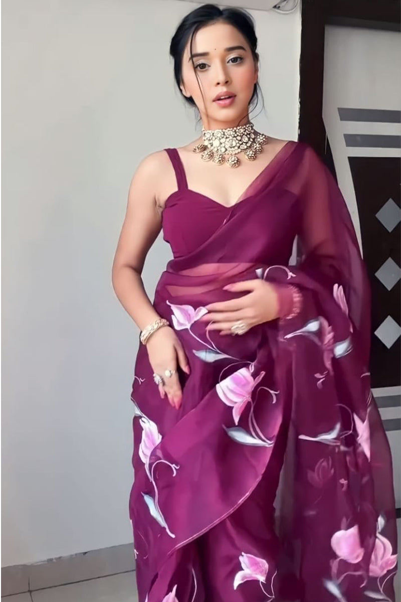 Luminous One Minute Ready To Wear Wine Organza Saree