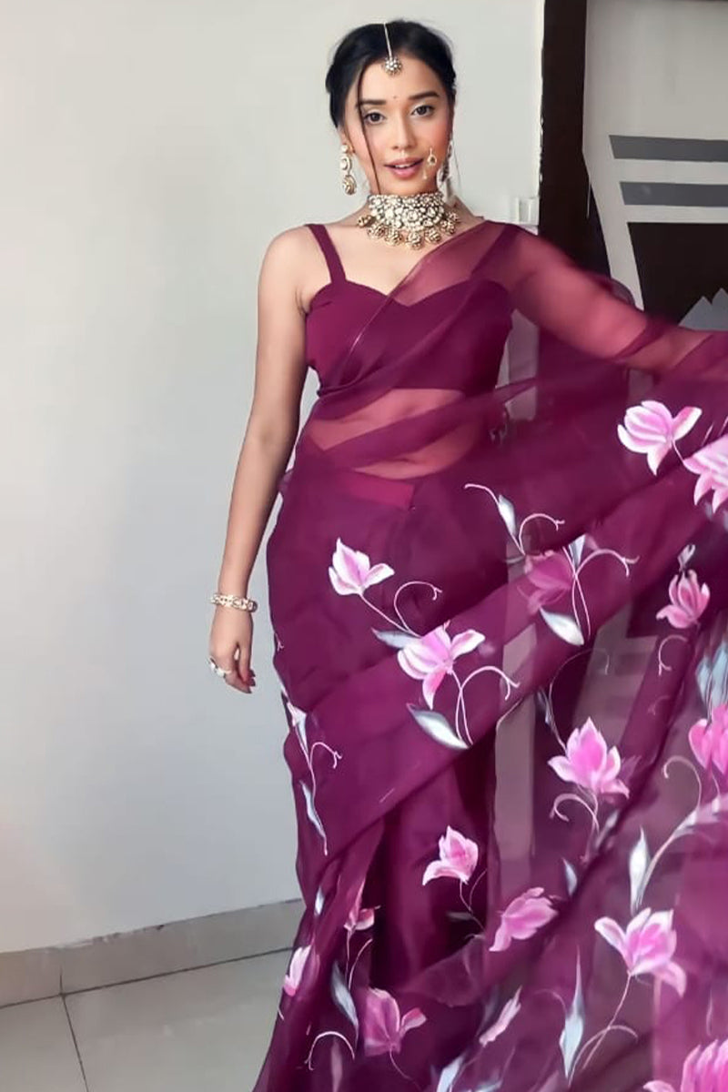 Luminous One Minute Ready To Wear Wine Organza Saree