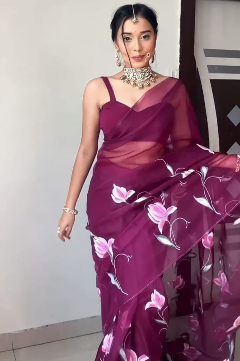 Luminous One Minute Ready To Wear Wine Organza Saree