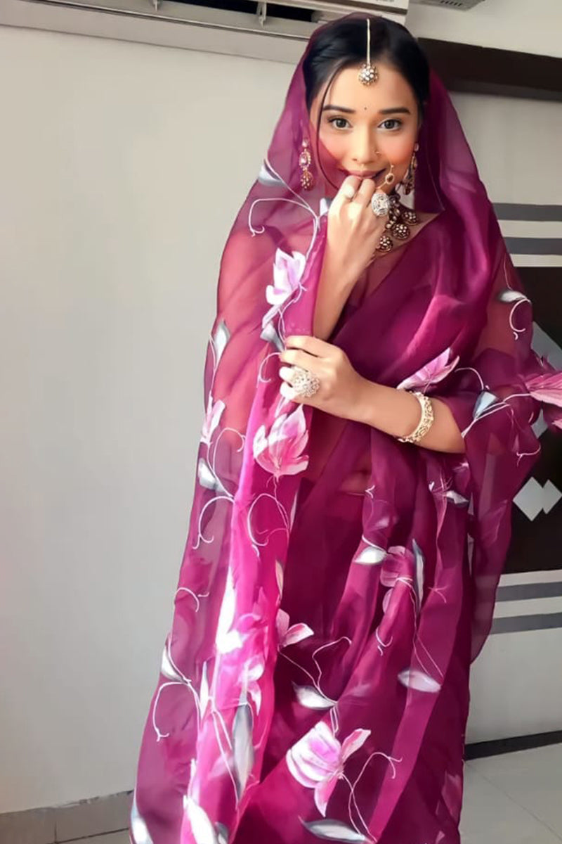 Luminous One Minute Ready To Wear Wine Organza Saree