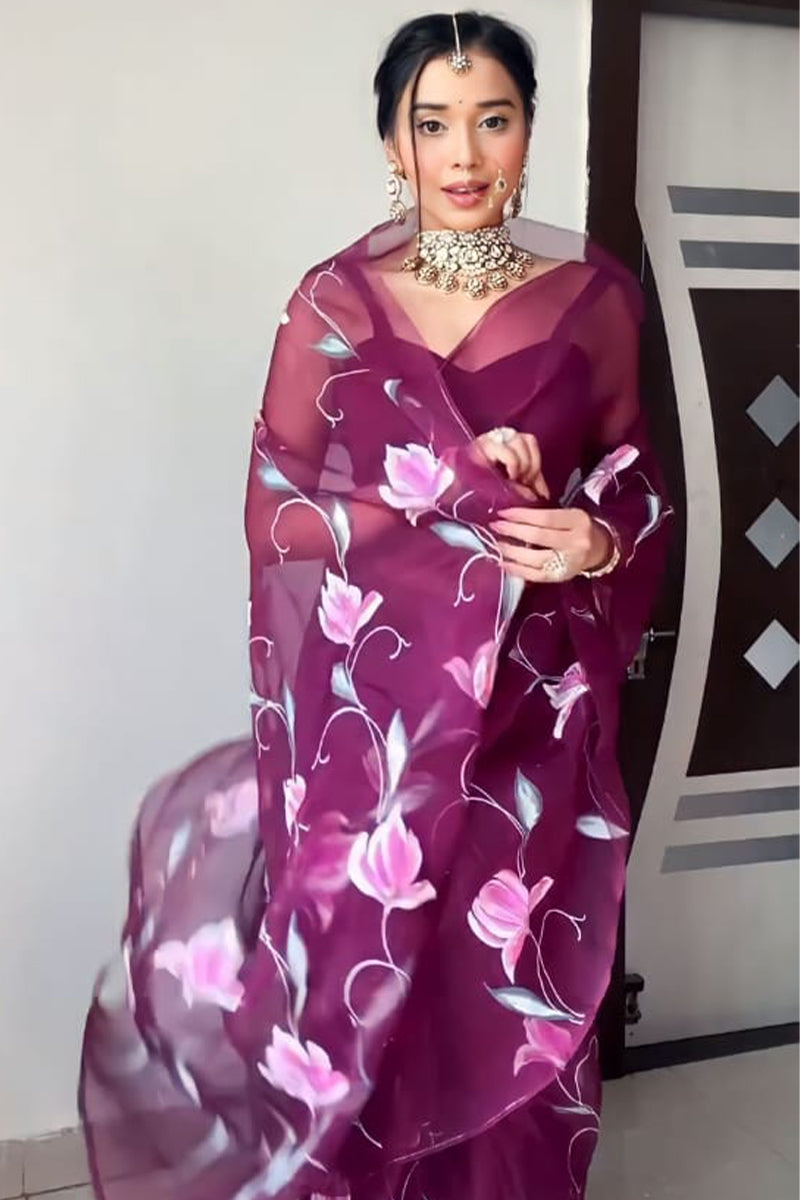 Luminous One Minute Ready To Wear Wine Organza Saree