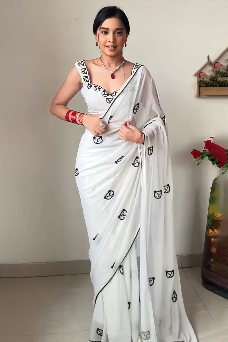 Jubilant One Minute Ready To Wear White Printed Georgette Saree