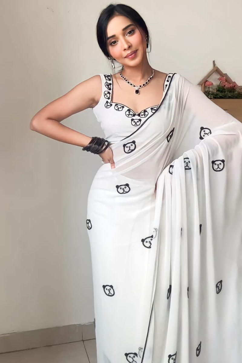 Jubilant One Minute Ready To Wear White Printed Georgette Saree