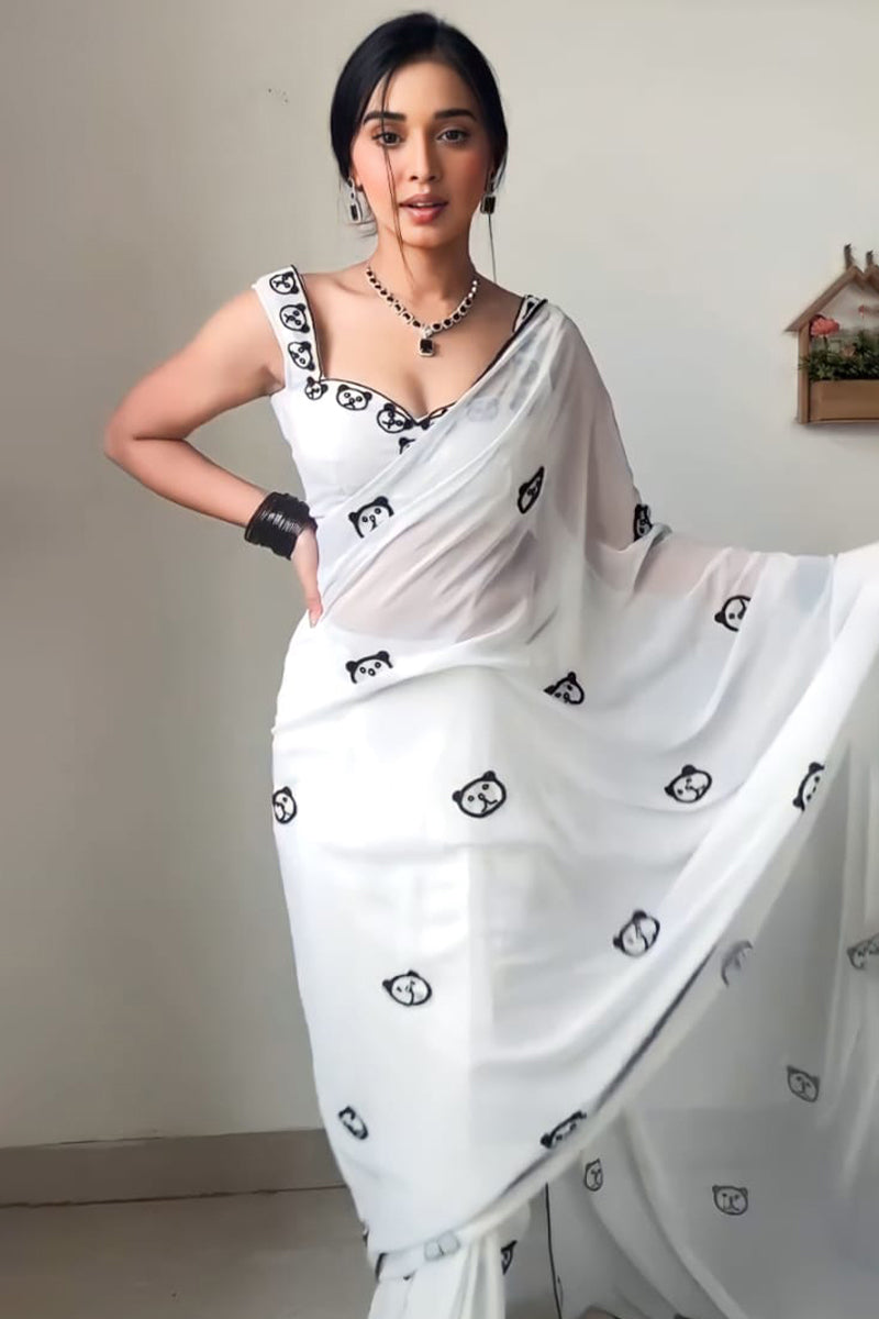 Jubilant One Minute Ready To Wear White Printed Georgette Saree