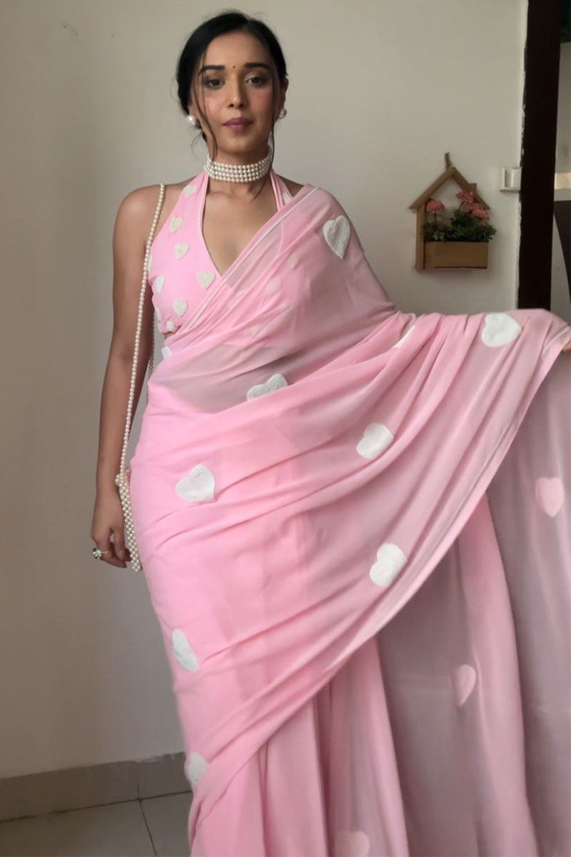 Lovely One Minute Ready To Wear Pink Georgette Saree