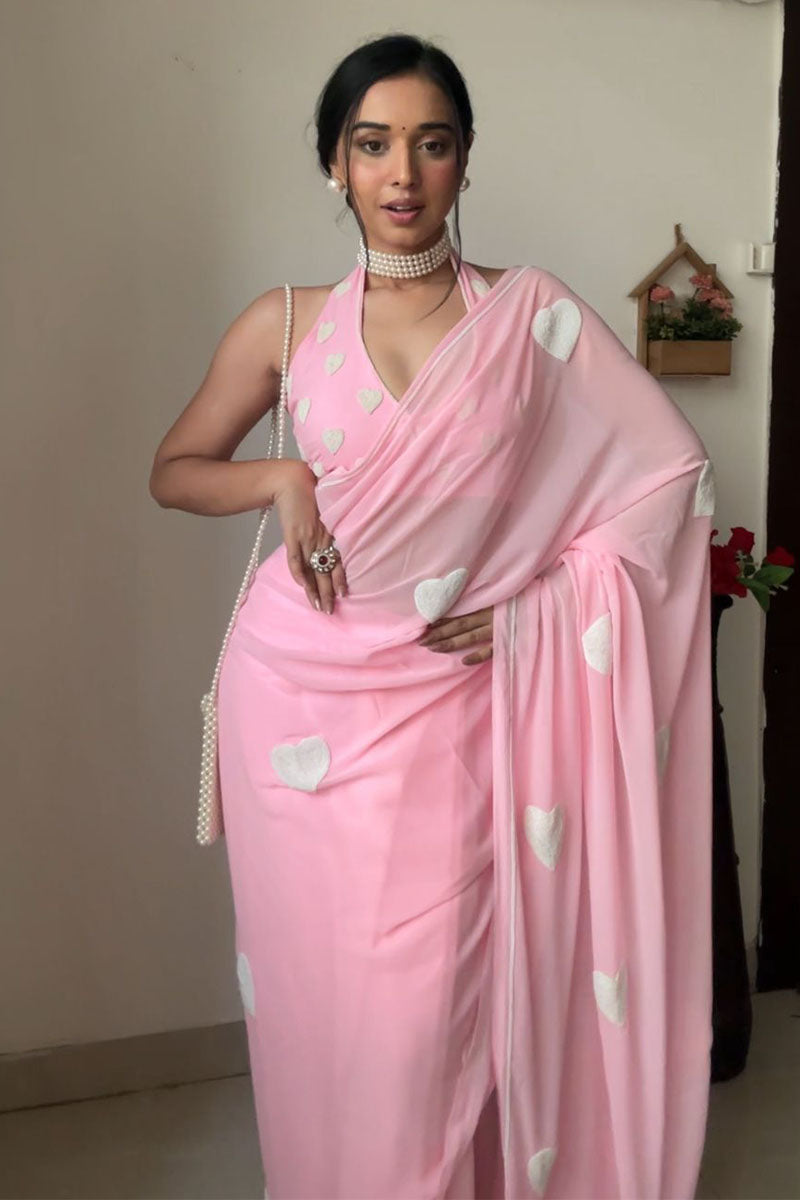 Lovely One Minute Ready To Wear Pink Georgette Saree