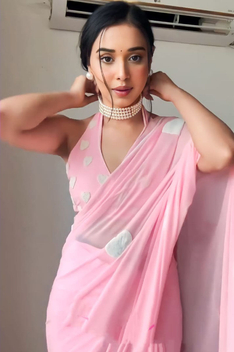 Lovely One Minute Ready To Wear Pink Georgette Saree