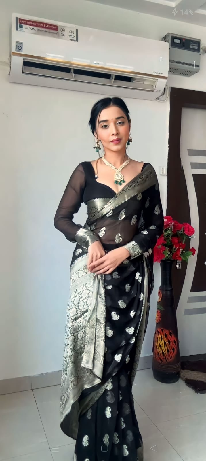 Beautique One Minute Ready To Wear Black Cotton Silk Saree