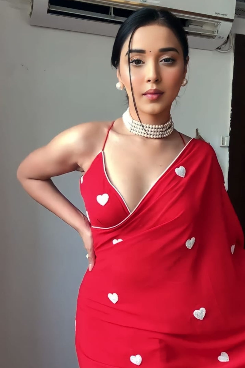 Wonderous One Minute Ready To Wear Red Georgette Saree
